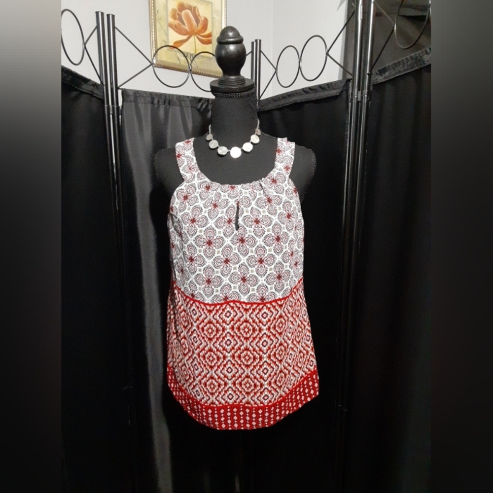 AB Studio Red and White Tank Top with Geometric Design Red Multi Size S Boho